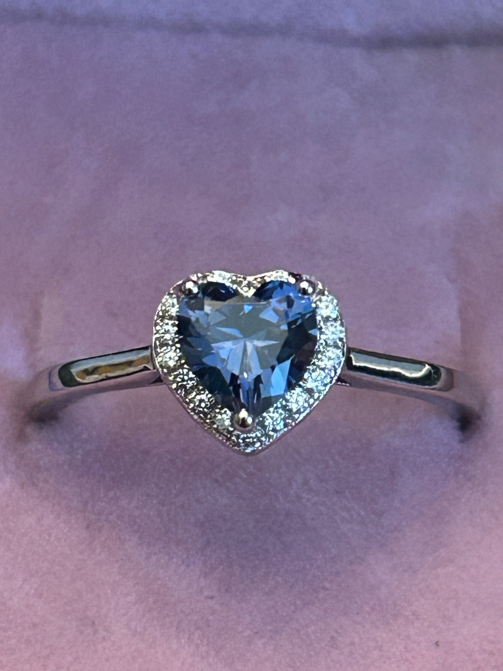 Heart-Shaped Blue Tanzanite CZ Stone Halo Sterling Silver Band Ring Size 8